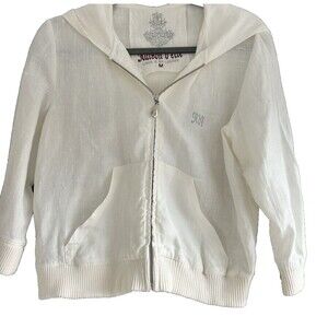 Raison D'etre Ladies White 100% Linen 1/2 Sleeve Hoodie Jacket with Zip Size M